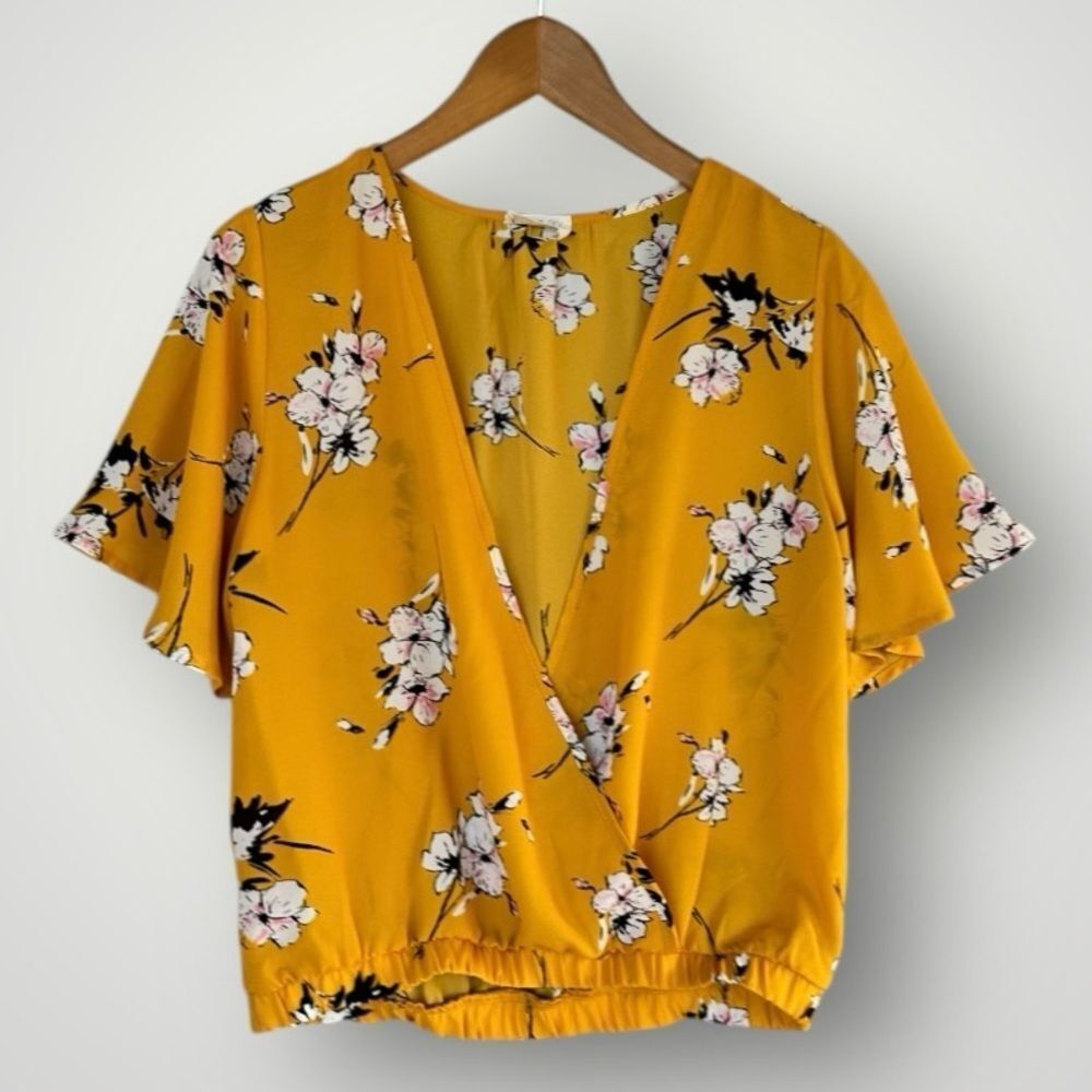 Sienna Sky Mustard Yellow Floral Wrap Blouse